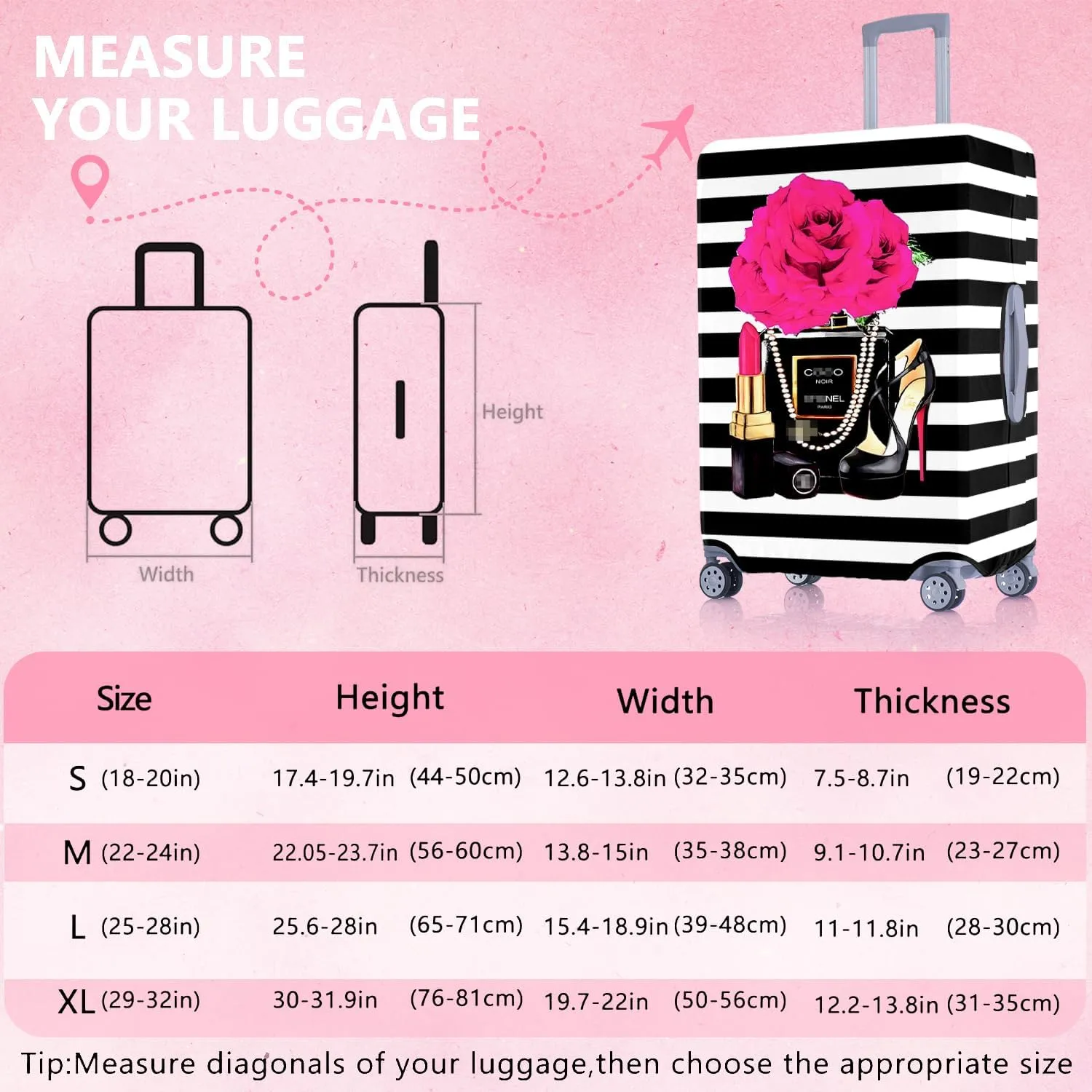 Fashion Accessory Travel Luggage Cover Fashion Girl Perfume and Lipstick and Heels Travel Suitcase Cover Anti-scratch Suitcase cover Fits 22-24 Inch