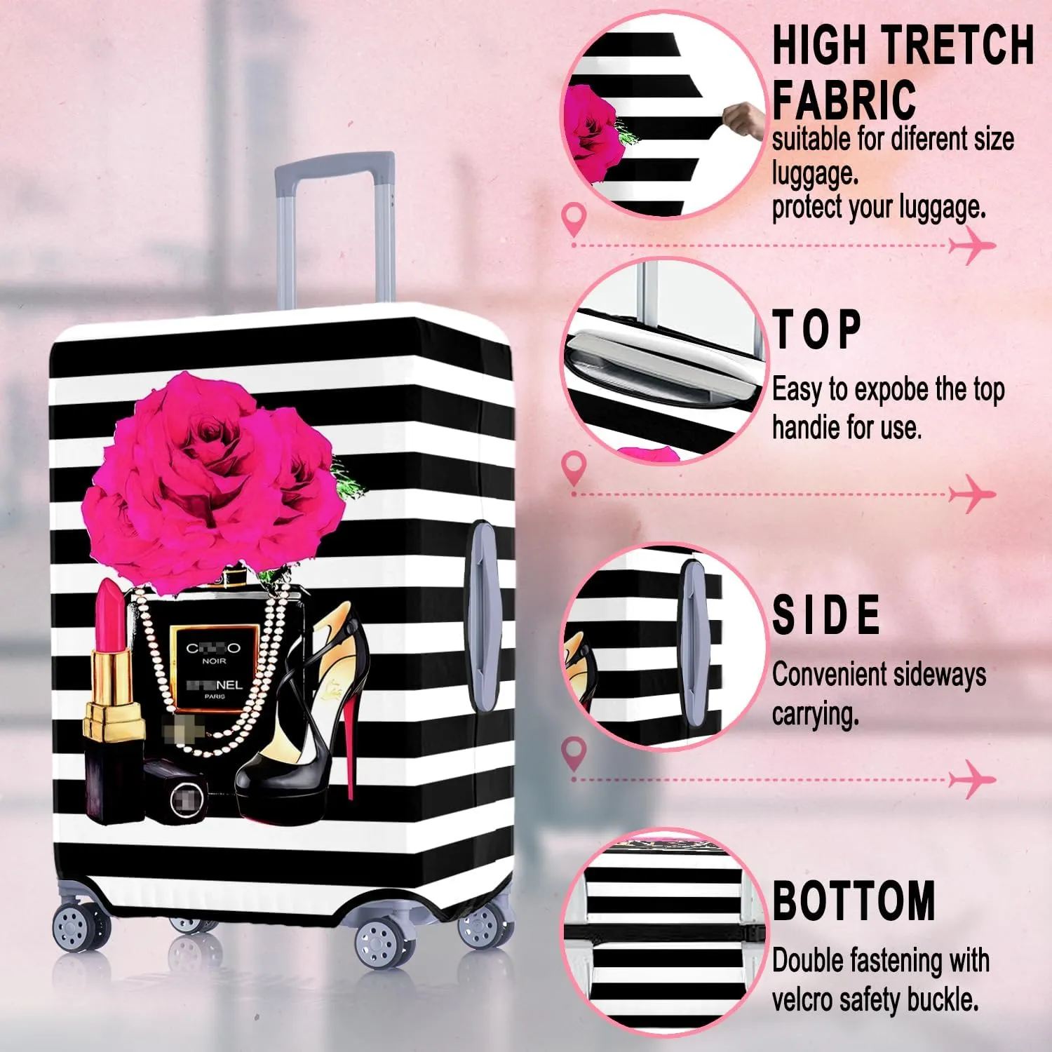 Fashion Accessory Travel Luggage Cover Fashion Girl Perfume and Lipstick and Heels Travel Suitcase Cover Anti-scratch Suitcase cover Fits 22-24 Inch