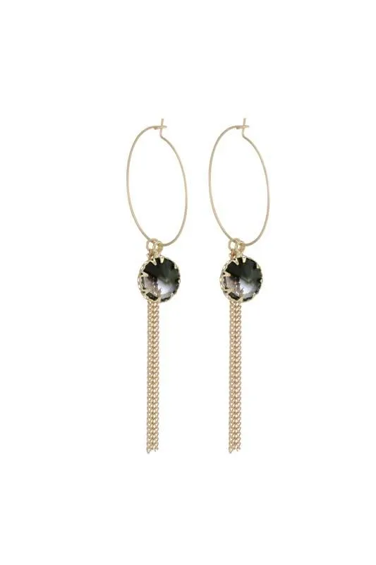 GOLD EARRINGS WITH BLACK STONE AND TASSLE