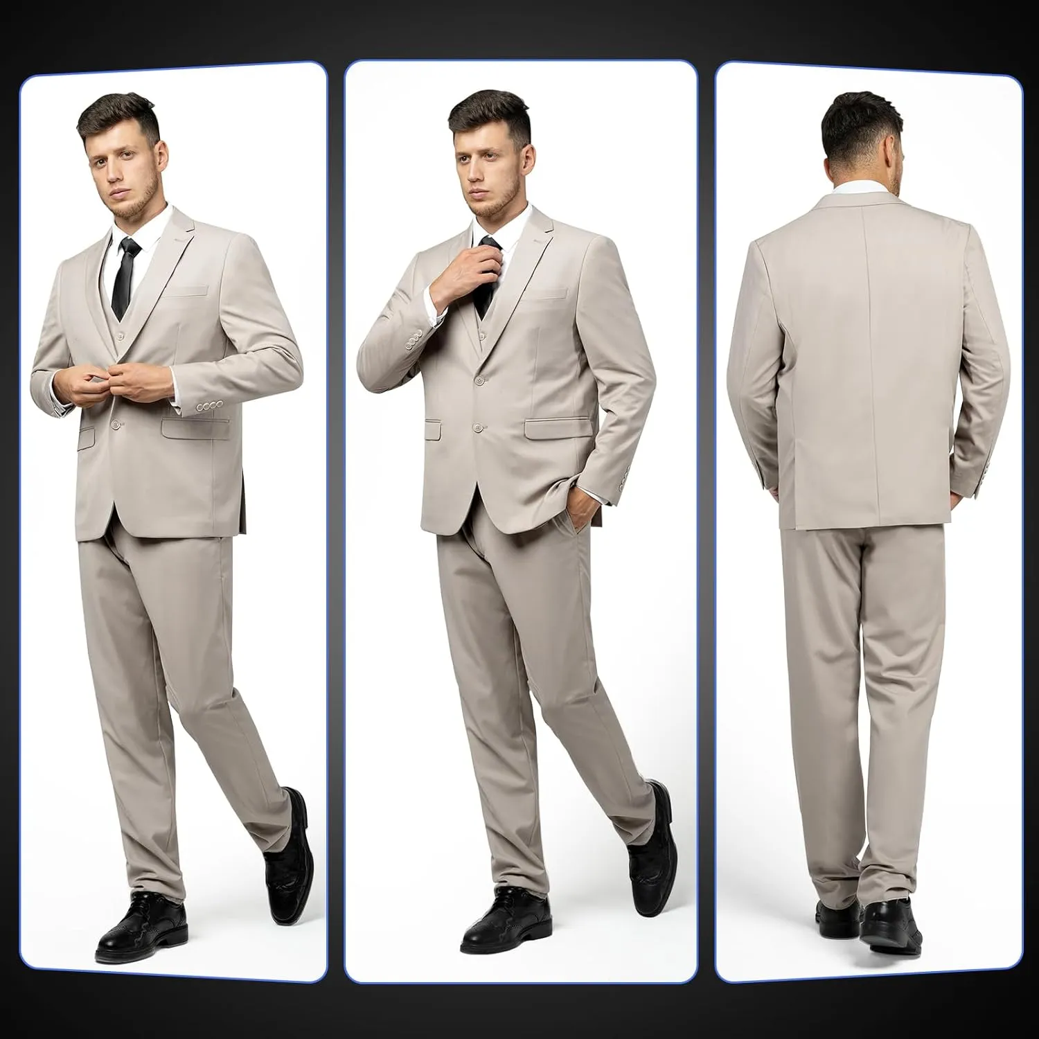 Men's Slim Fit 3 Piece Suit Set, Two Button Solid Blazer Jacket with Multi-Functional Pockets for Business/Party