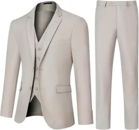 Men's Slim Fit 3 Piece Suit Set, Two Button Solid Blazer Jacket with Multi-Functional Pockets for Business/Party