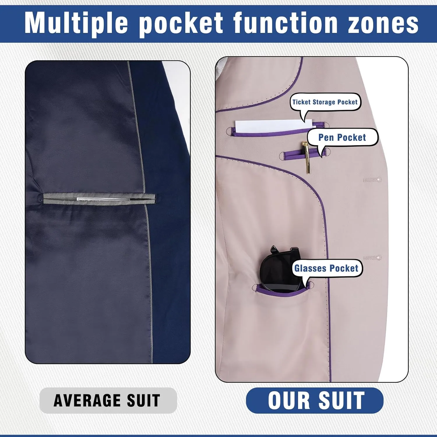Men's Slim Fit 3 Piece Suit Set, Two Button Solid Blazer Jacket with Multi-Functional Pockets for Business/Party