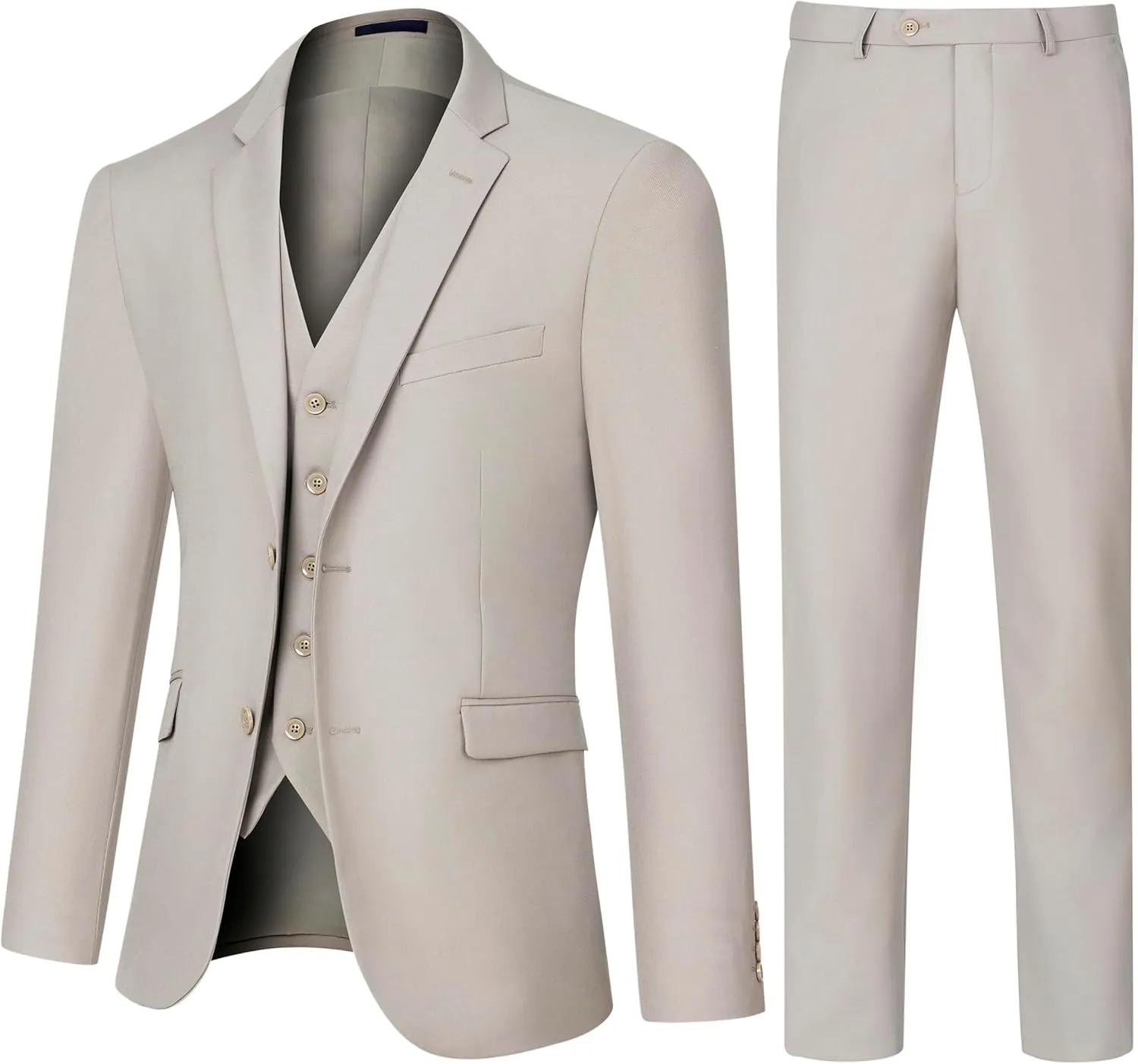 Men's Slim Fit 3 Piece Suit Set, Two Button Solid Blazer Jacket with Multi-Functional Pockets for Business/Party