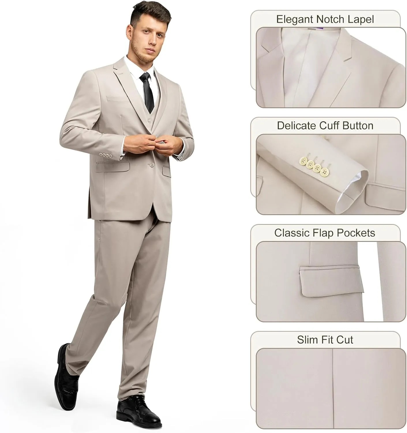 Men's Slim Fit 3 Piece Suit Set, Two Button Solid Blazer Jacket with Multi-Functional Pockets for Business/Party