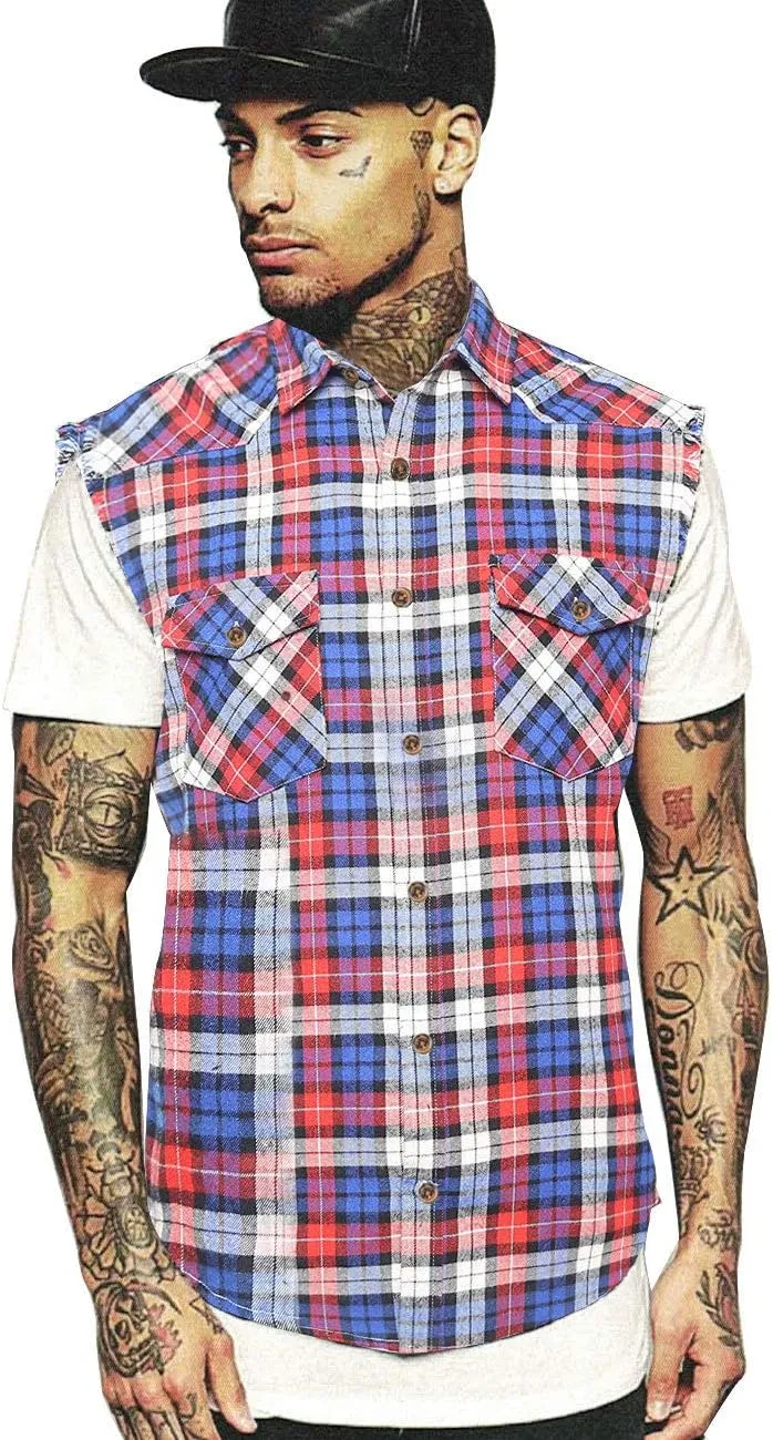 NUTEXROL Men's Casual Flannel Plaid Shirt Sleeveless Plus Size Vest